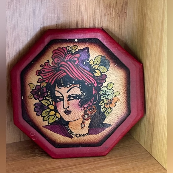 Vintage Accessories - Vintage 1970’s leather painted pocket mirror